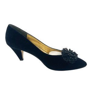 80s 90s Touch of Nina Vintage Black Velvet Beaded Cone Heel Shoes